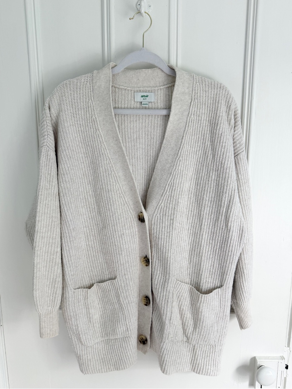 Aerie Oatmeal Oversized Ribbed Knit Cardigan – Size XS – Button Front